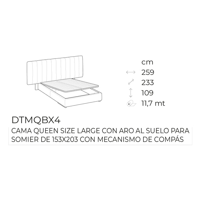 cama kilian queen size large con aro al suelo y mecanismo de compás