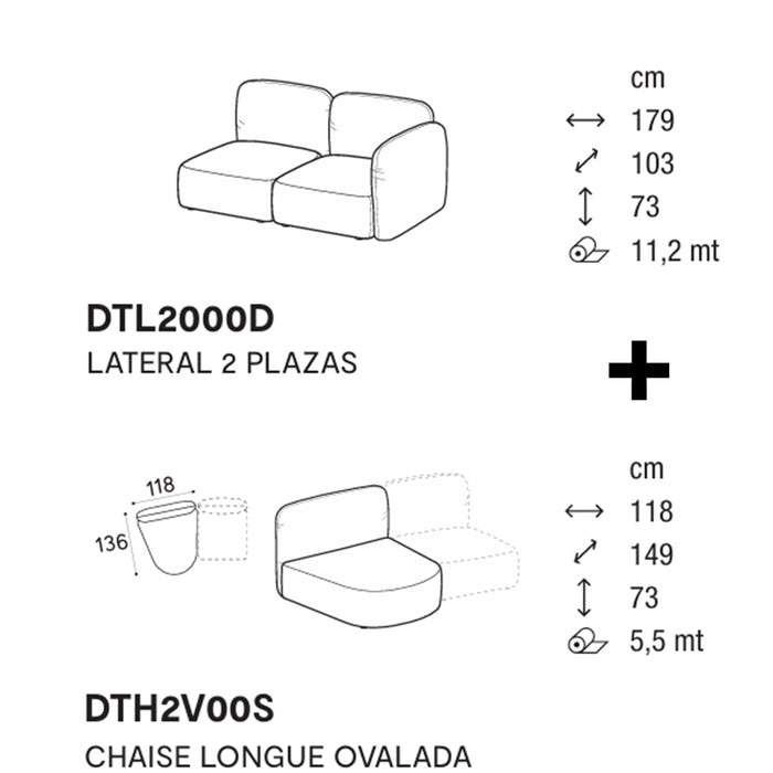 ginza lateral 2 plazas con chaise longue ovalado izquierdo