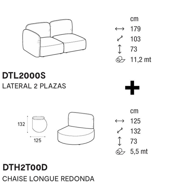 ginza lateral 2 plazas con chaise longue redondo derecho