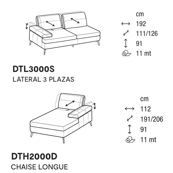 landa lateral 3 plazas, chaise longue derecho