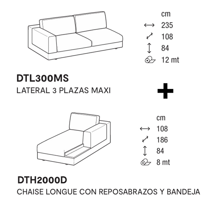 layla lateral 3 plazas MAXI y chaise longue derecho con brazo y bandeja