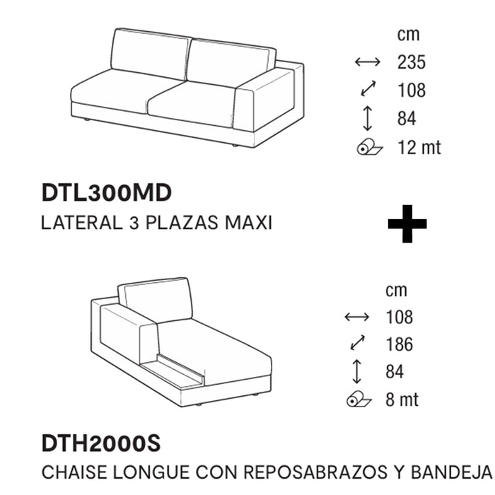 layla lateral 3 plazas MAXI y chaise longue izquierdo con brazo y bandeja