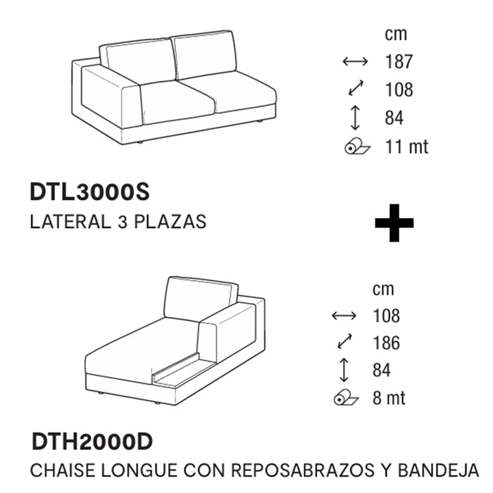 layla lateral 3 plazas y chaise longue derecho con brazo y bandeja