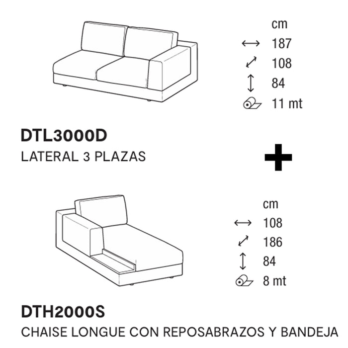 layla lateral 3 plazas y chaise longue izquierdo con brazo y bandeja