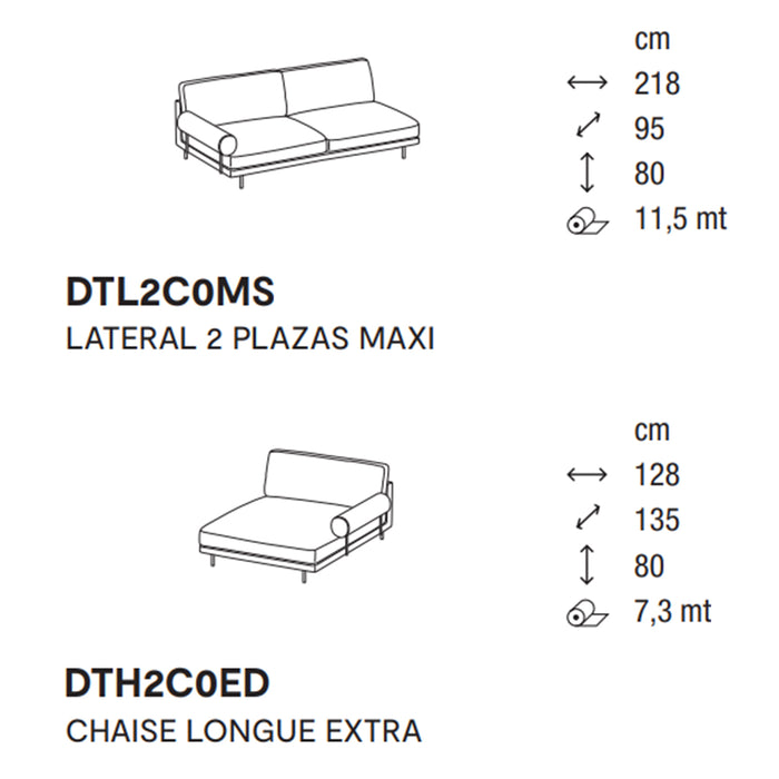 mies roll lateral 2 plazas MAXI con chaise longue EXTRA derecho