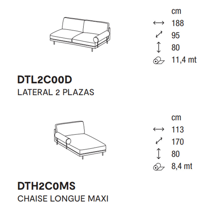 mies roll lateral 2 plazas con chaise longue MAXI izquierdo