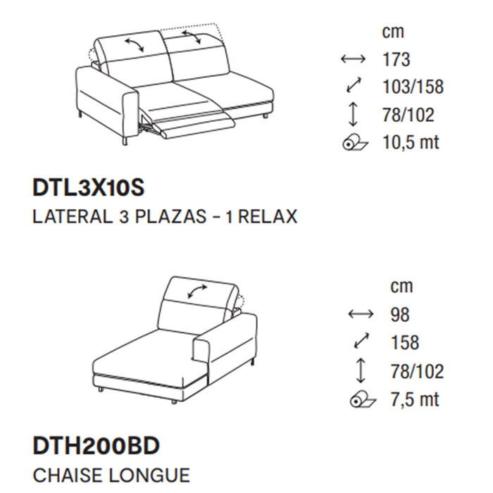 norma lateral 3 plazas con 1 relax y chaise longue derecho