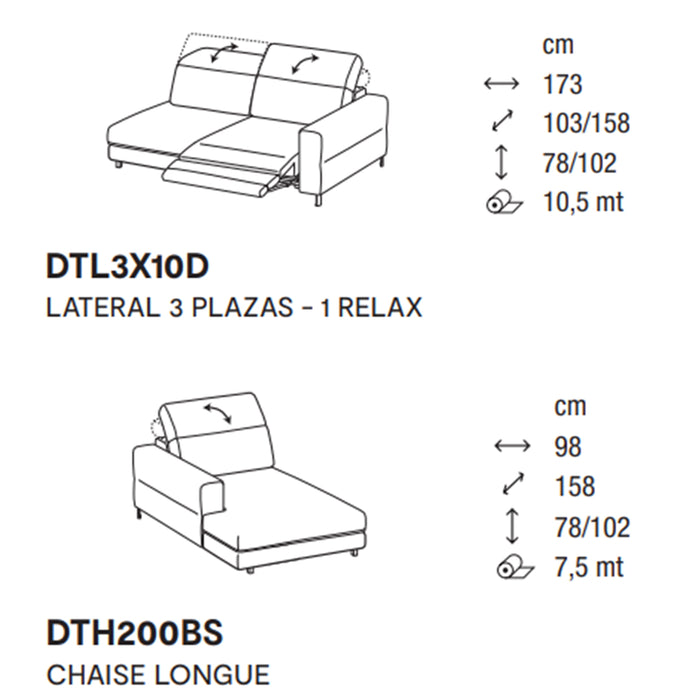 norma lateral 3 plazas con 1 relax y chaise longue izquierdo