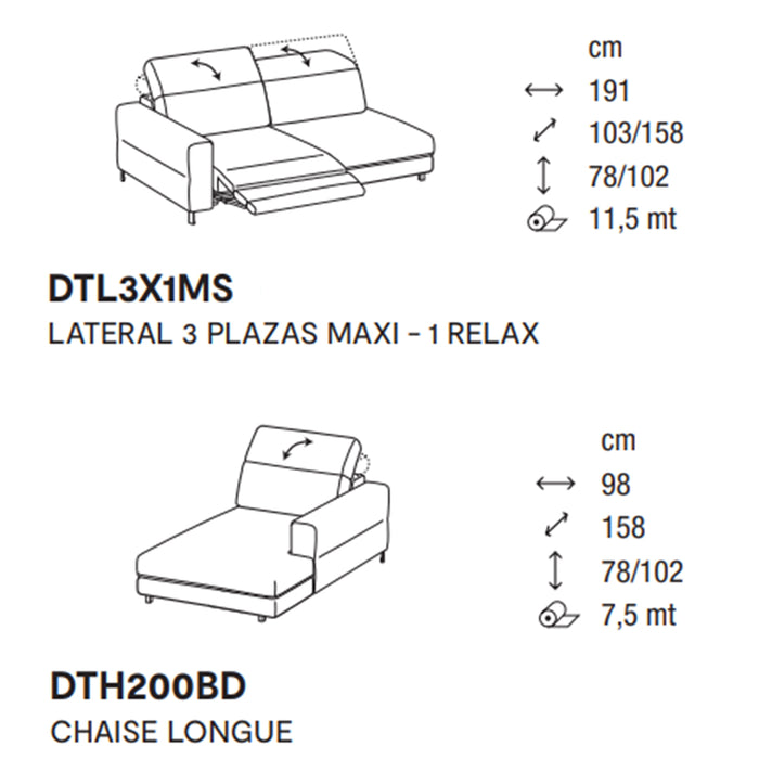 norma lateral 3 plazas MAXI con 1 relax y chaise longue derecho