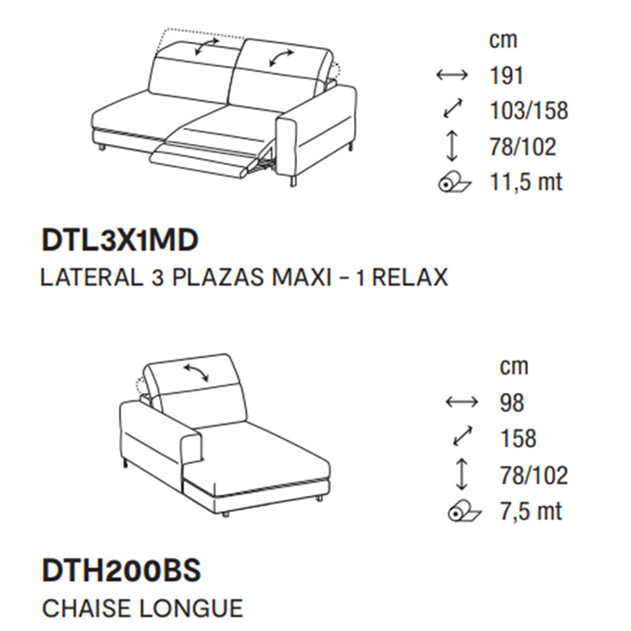 norma lateral 3 plazas MAXI con 1 relax y chaise longue izquierdo