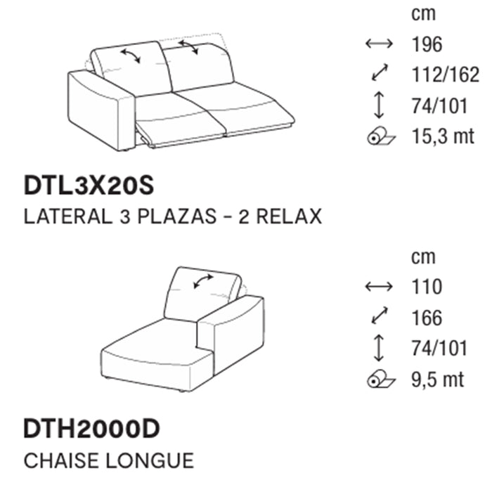 wave lateral 3 plazas con 2 relax y chaise longue derecho