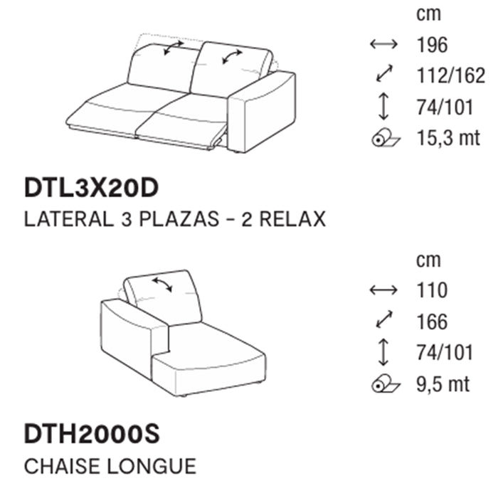 wave lateral 3 plazas con 2 relax y chaise longue izquierdo