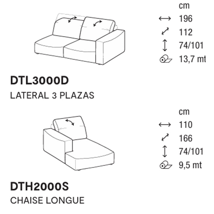 wave lateral 3 plazas con chaise longue izquierdo